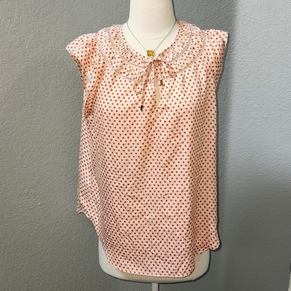 Ann Taylor Pink Dotted Cutout Tie Neck Shell, Blush, Size Medium